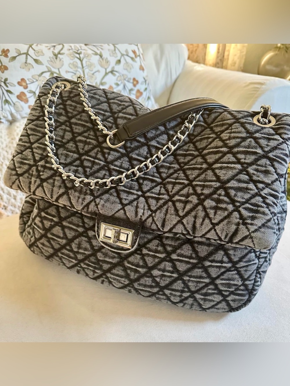 Vintage Large Quilted Shoulder Bag in Charcoal Gray with Silver Chain